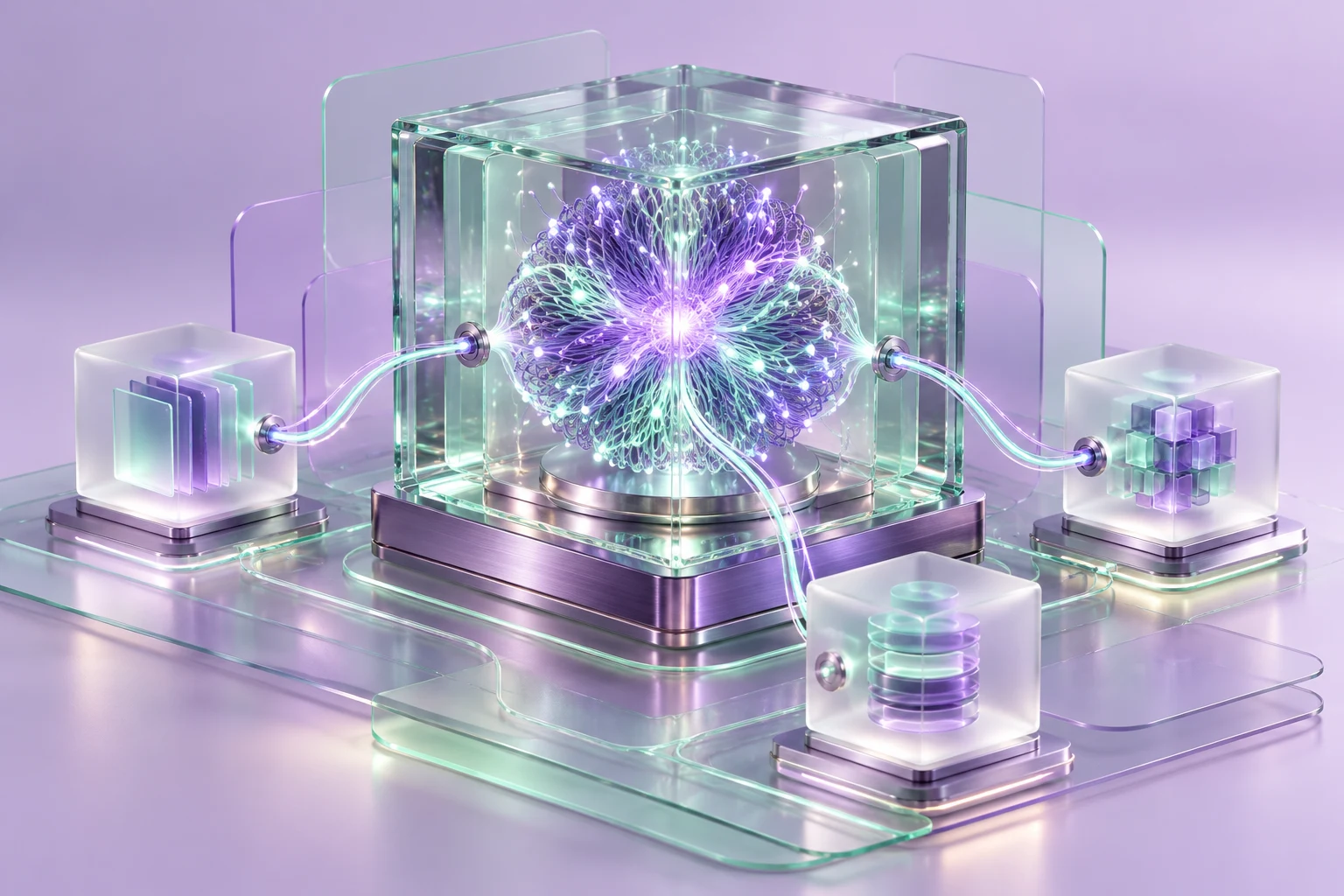 Concepto de inteligencia artificial: un núcleo neuronal conectado a módulos de documentos, procesos y datos.