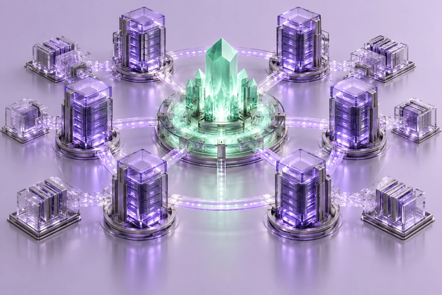 Concepto de una red blockchain propia: nodos de vidrio violeta conectados alrededor de un núcleo menta.