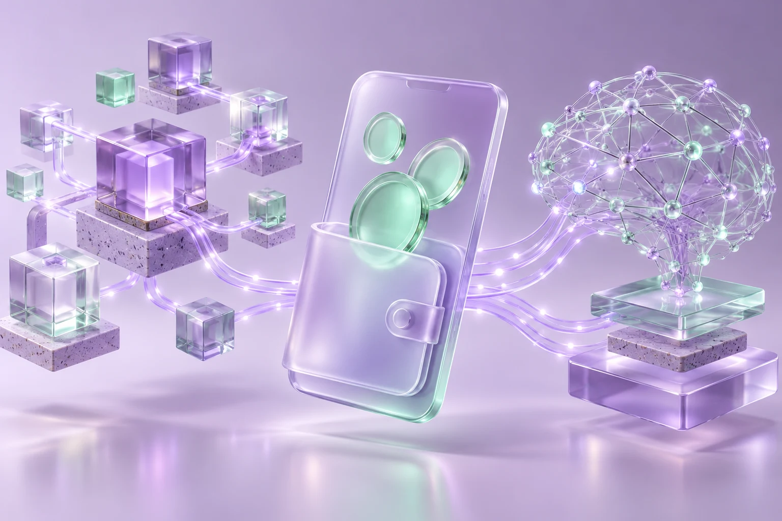 Ilustración conceptual: una wallet de vidrio conectada a módulos blockchain y nodos de inteligencia artificial.