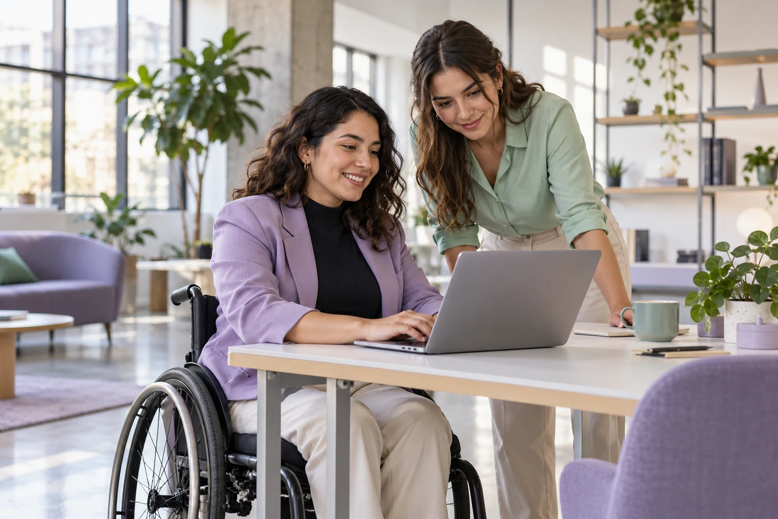 Profesional usuaria de silla de ruedas trabajando con un portátil en una mesa accesible, junto a un colega.