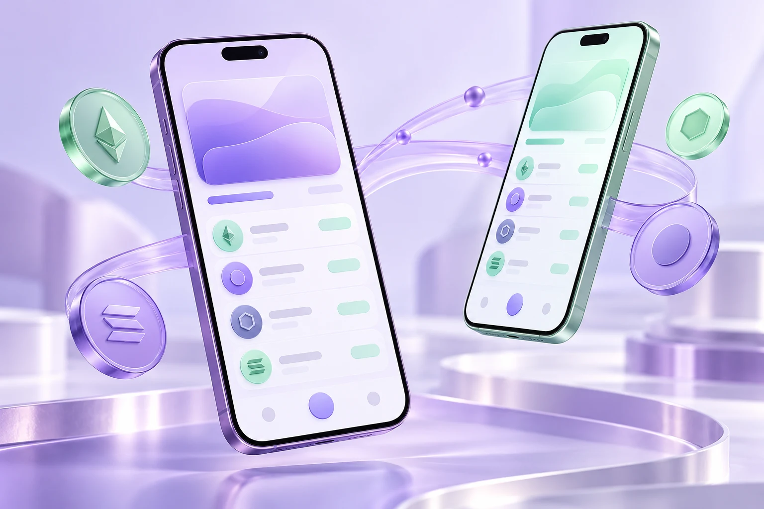 Concepto visual de dos wallets personalizadas en teléfonos, conectadas por rutas digitales violetas y menta.